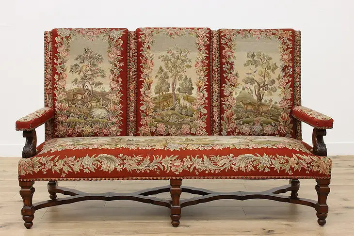 Renaissance Antique Oak Needlepoint Tapestry Settee Sofa #47171