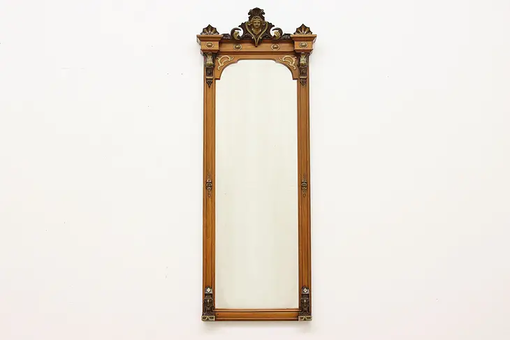 Victorian Antique Walnut Hall Entryway Mirror, Carved Head #46419