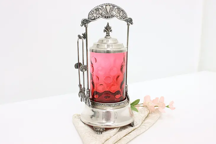 Victorian Antique Cranberry Glass Silverplate Pickle Castor #46327