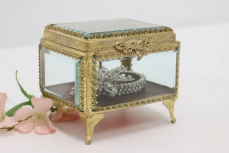 Beveled Glass & Gold Plated Filigree Vintage Jewelry Box #46868