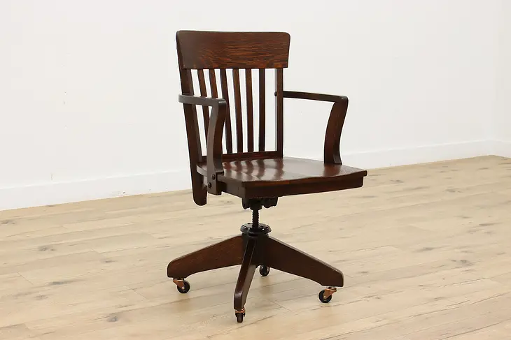 Oak Swivel & Adjustable Antique Office or Library Desk Chair #46889