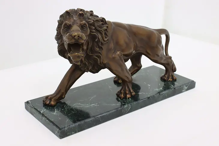 Roaring Lion Statue Vintage Bronze Sculpture on Marble Base #46037