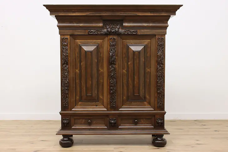Dutch Antique Carved Oak Kas Dowry Armoire Wardrobe Cabinet #46970