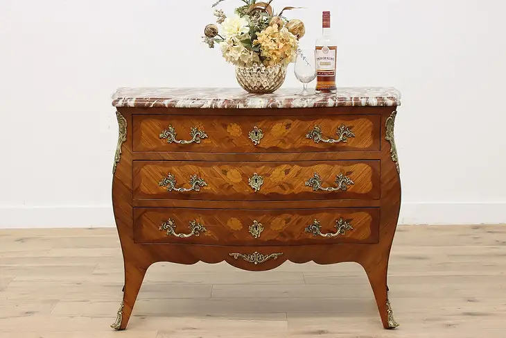 French Rosewood Antique Bombe Chest or Dresser, Marble Top #46534