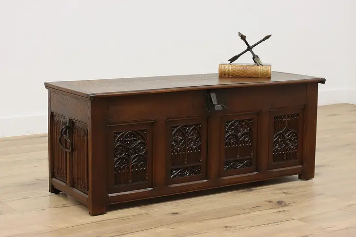 Gothic Carved Antique Oak Blanket Chest, Trunk, Coffee Table #47231