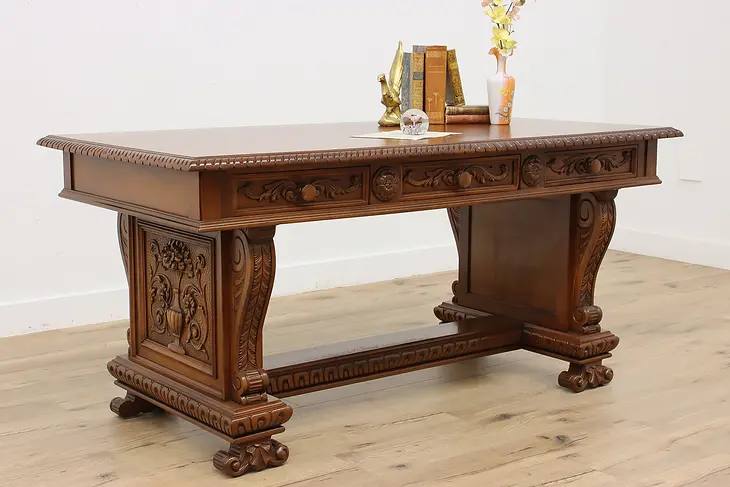 Italian Renaissance Antique Carved Office Desk Library Table #47194