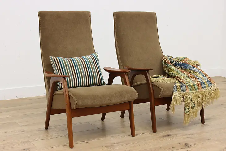 Pair of Midcentury Modern 60s Vintage Teak & Mohair Chairs #47218