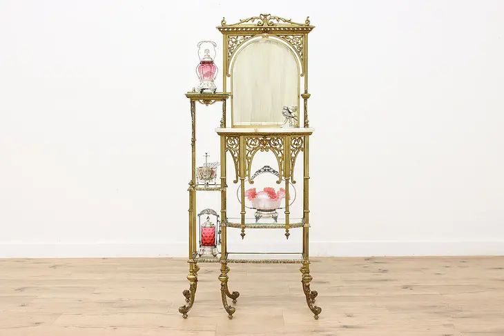 Victorian Antique Brass & Onyx Etagere, Curio, Glass Shelves #47185