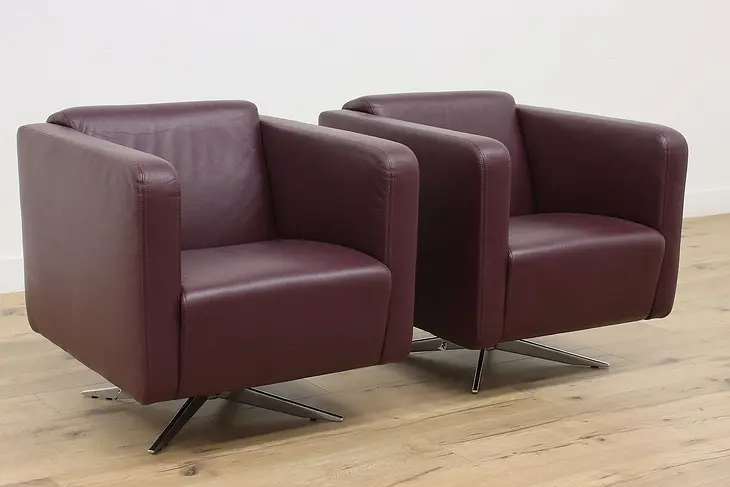 Pair of Midcentury Modern Vintage Purple Leather Club Chairs #46596