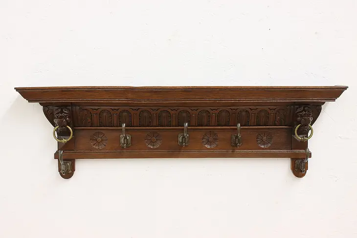 Victorian Antique Carved Oak Wall Shelf & Coat Rack, Lions #47240