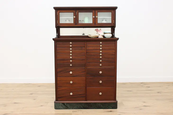 Marble & Mahogany Antique Dental, Jewelry, Collector Cabinet #38516