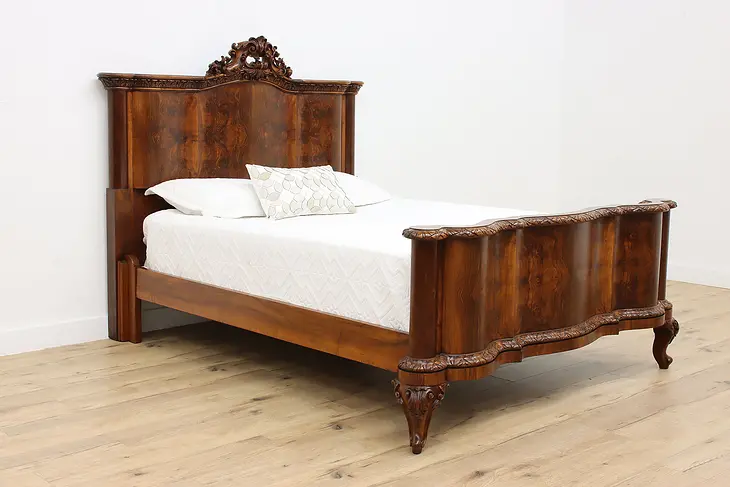 Italian Antique Carved Walnut & Burl Queen Size Bed #47197