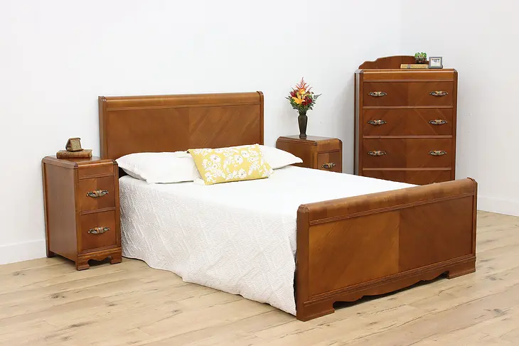 Art Deco Waterfall Vintage 4 Pc. Bedroom Set, Full Size Bed #37714