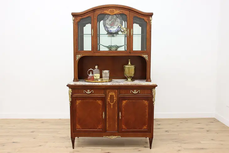 French Antique Marble & Marquetry Sideboard or Bar Cabinet #46321