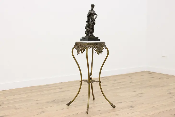 Victorian Antique Cast Brass Plant or Sculpture Stand Marble #46455