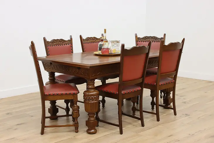 Tudor Antique Oak Dining Set w/ Table & 6 Chairs, 2 Leaves #46973