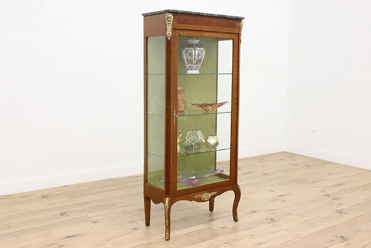 French Antique Mahogany & Marble Top Curio Display Cabinet #41330