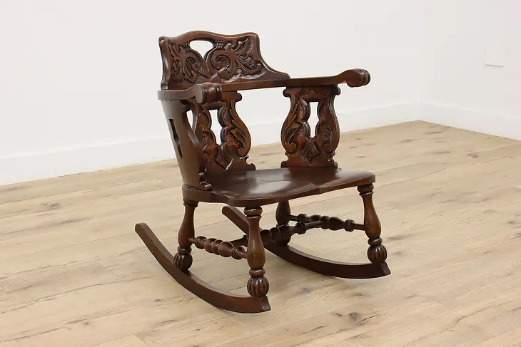 Tudor Design Carved Oak Antique Rocking Chair #47348