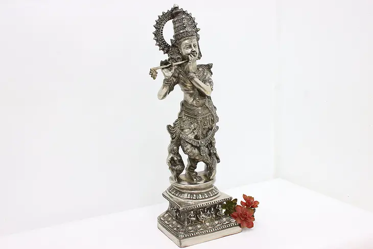 Indian God Krishna Vintage Nickel-Plated Brass Sculpture #45305