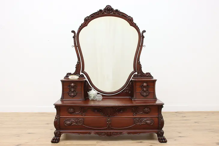 Victorian Antique Carved Mahogany Dresser or Vanity, Mirror #47325