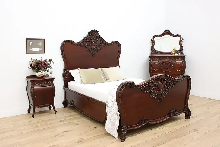 Victorian Antique Carved Mahogany 3 pc Bedroom Set Queen Bed #47324