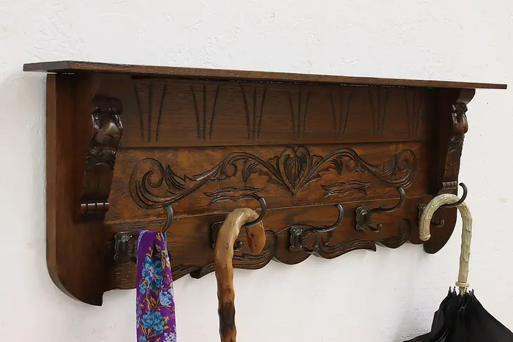 Victorian Antique Carved Oak Wall Coat Rack & Shelf, Lions #47239