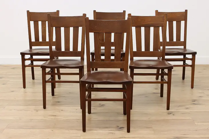 Set of 6 Arts & Crafts Antique Solid Elm Dining Chairs Signed #47306