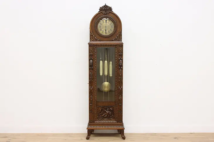 Carved Oak Antique German Grandfather Tall Case Clock Angels #44306