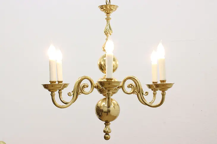 Traditional Vintage Georgian Brass Chandelier, Wax Candles #47310