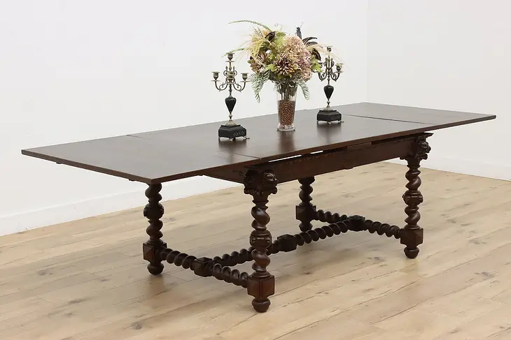 Renaissance Design Antique Carved Oak Dining Table, 2 Leaves #47225