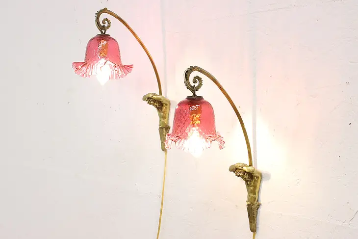 Pair of Brass Wall Sconces Cranberry Glass Shades #46390