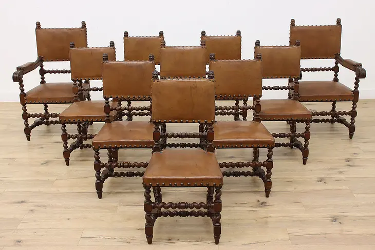 Set of 10 Antique Oak & Leather Italian Dining Chairs, Lions #47295