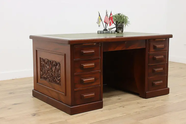 Carved Mahogany Antique Office Library Desk Leather Top #47388