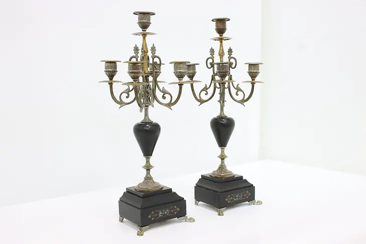 Pair of French Antique Brass & Marble 5 Arm Candelabra #45957