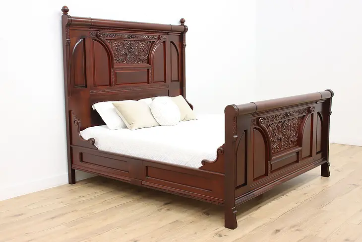 Victorian Antique Carved Mahogany King Size Bed, Flowers #47323