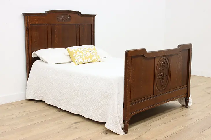 Country French Vintage Carved Oak Full or Double Size Bed #37800