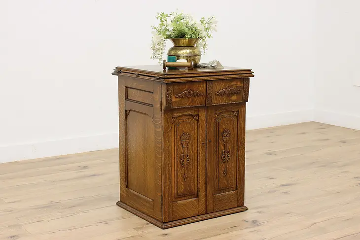 Victorian Antique Oak Sewing Machine & Cabinet, New Home #47586