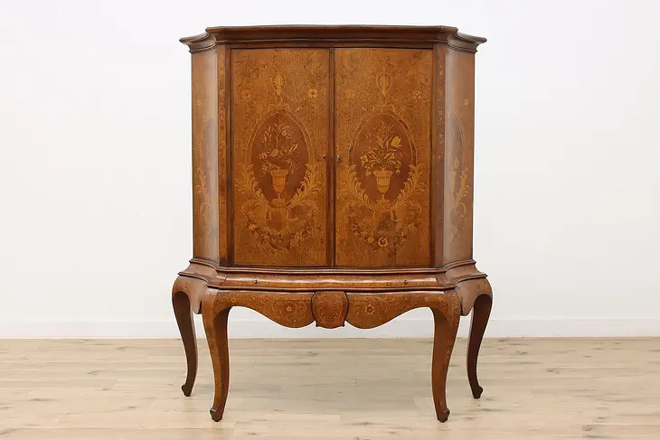 Italian Antique Marquetry Bar or China Cabinet, Lighted #36121