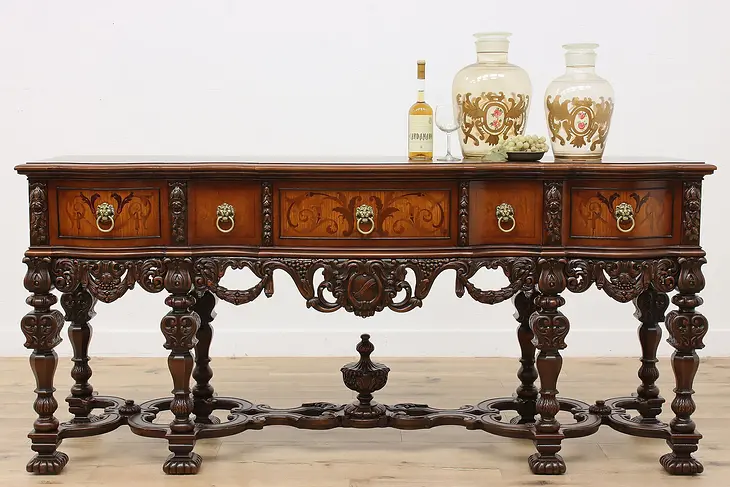 Renaissance Antique Carved Sideboard Server Buffet Marquetry #47570
