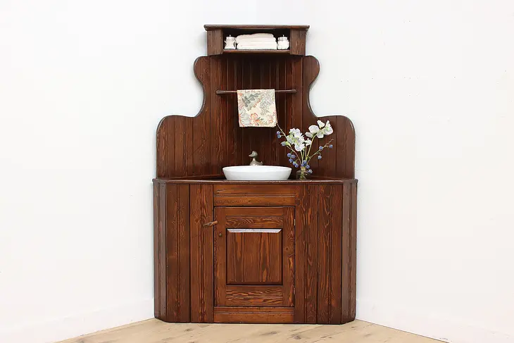 Farmhouse Antique Pine Country Dry Sink & Corner Cupboard #47547