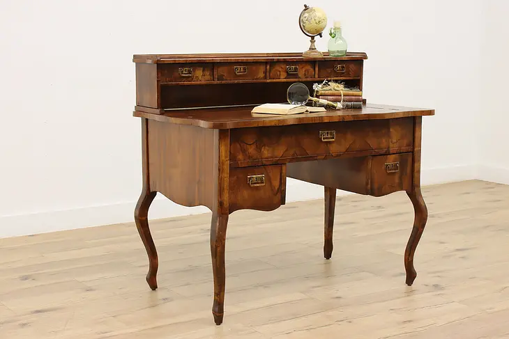 Italian Antique Olive Burl Office Library Desk, Leather Top #39557