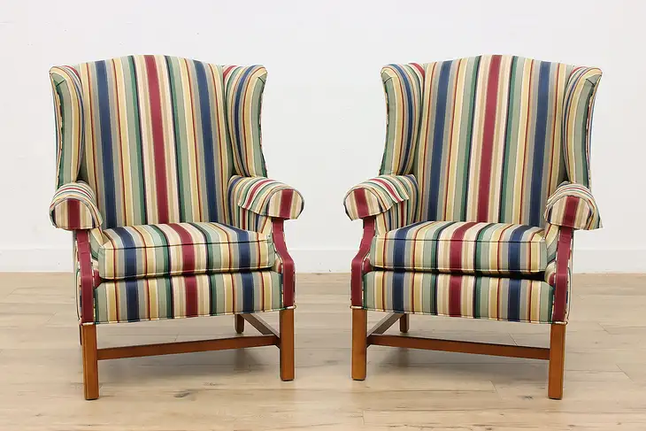 Pair of Ethan Allen Vintage Striped Library Wing Chairs #47642