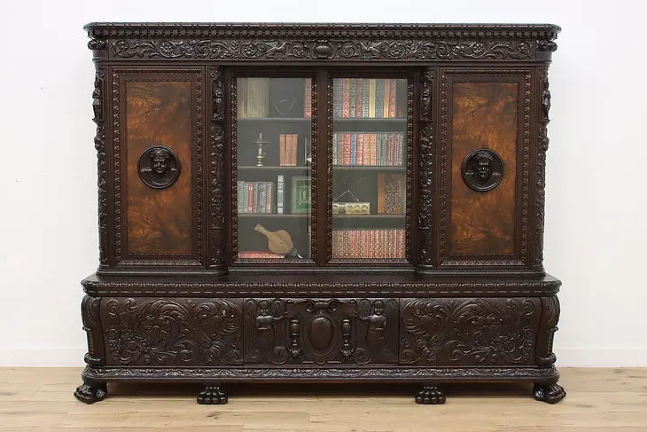 Renaissance Antique Oak Office Library Bookcase Carved Figures #47600
