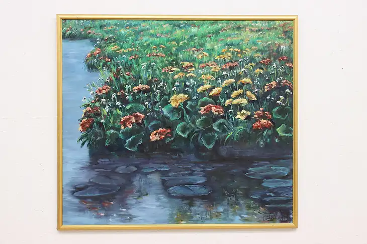 Flowers & Pond Vintage Original Oil Painting, Felton 56.5" #46679