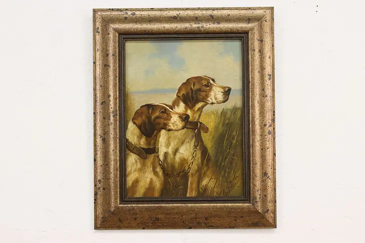 Pair of Hunting Dogs Vintage Original Oil Painting 22.5" #47424