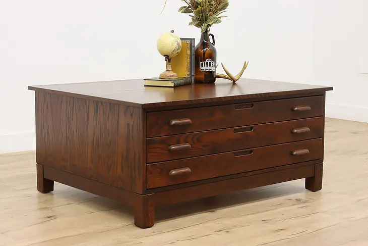 Industrial File Vintage Oak Collector Map Chest Coffee Table #40763