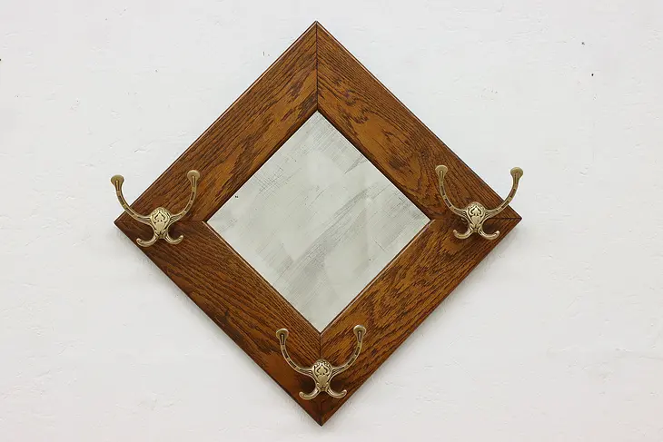 Victorian Antique Oak Beveled Hall Mirror Brass Hooks #47640