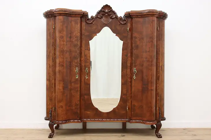 Italian Antique Carved Walnut Armoire or Wardrobe, Mirror #47556