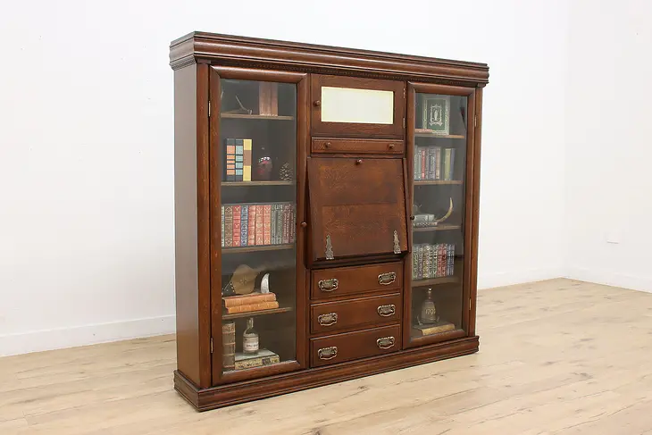 Oak  Antique Bookcase & Secretary Desk, Beveled Mirror #47414