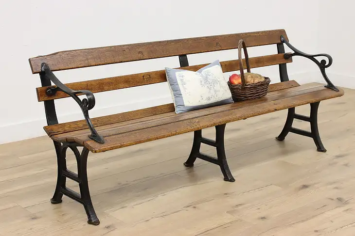 Northern Pacific Railroad Antique Oak & Iron Farmhouse Bench #47845